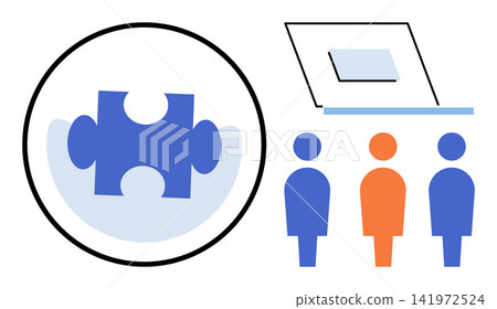 People standing near a laptop and a puzzle piece vector illustration. Teamwork, problem solving, business strategy, corporate collaboration, digital solutions, project management. Employees working 141972524