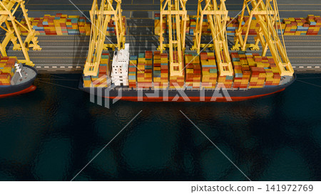 3D Illustration of Container Ship Docked at Port Terminal with Yellow Cranes Aerial View 141972769