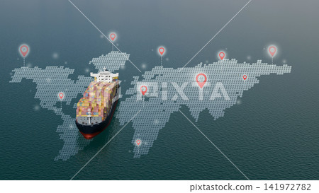3D Illustration Aerial View Container Ship on Ocean with World Map and Location Pin Icons International Shipping 3D Illustration Aerial View Container Ship on Ocean with World Map and Location Pin Icons International Shipping 141972782