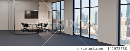 3D Illustration of Modern Empty Office Conference Room with Glass Walls and City View 141972788