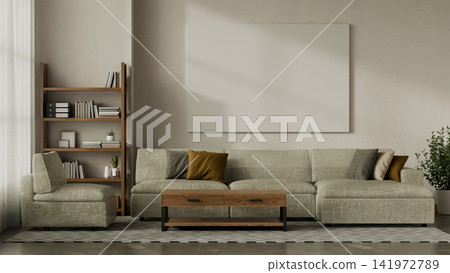 Modern Living Room Interior with Blank Wall Art Frame Mockup, Sofa, Bookshelf and Natural Light 3D Illustration Modern Living Room Interior with Blank Wall Art Frame Mockup, Sofa, Bookshelf and Natural Light 3D Illustration 141972789