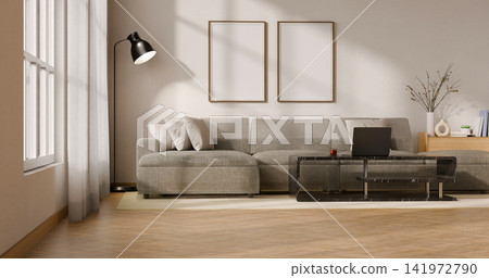 Modern Minimalist Living Room Interior with Blank Wall Art Frames Above Gray Sectional Sofa, 3D Render Modern Minimalist Living Room Interior with Blank Wall Art Frames Above Gray Sectional Sofa, 3D Render 141972790