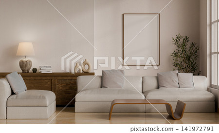 Minimalist Living Room Interior with Blank Frame Wall Art, Beige Sofa, and Wooden Sideboard 3D Render Minimalist Living Room Interior with Blank Frame Wall Art, Beige Sofa, and Wooden Sideboard 3D Render 141972791