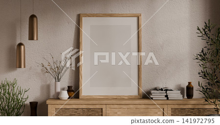 Wall Art Frame Mockup on Wooden Sideboard with Boho Interior Decor 3D Illustrations for Office Desk Display 141972795