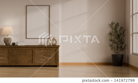Wall Art Mockup Frame on Minimalist Living Room Interior with Wooden Sideboard, Lamp, and Plant 3D Illustrations Wall Art Mockup Frame on Minimalist Living Room Interior with Wooden Sideboard, Lamp, and Plant 3D Illustrations 141972799