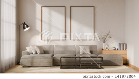 Wall Art Mockup Frames in Modern Minimalist Living Room 3D Illustration with Sofa and Natural Light Wall Art Mockup Frames in Modern Minimalist Living Room 3D Illustration with Sofa and Natural Light 141972804