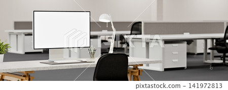 3D Illustration of Modern Open Office Workspace with Blank Screen Computer Monitor on White Desk 3D Illustration of Modern Open Office Workspace with Blank Screen Computer Monitor on White Desk 141972813