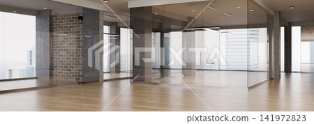 3D Render of Modern Empty Office Workspace with Glass Partitions and Hardwood Floor Interior 3D Render of Modern Empty Office Workspace with Glass Partitions and Hardwood Floor Interior 141972823