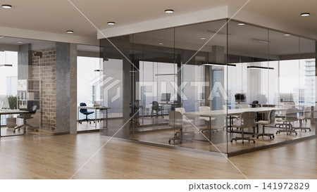 3D Render of Modern Open Office Workspace with Glass Partitions, Wood Floor, and City View 141972829