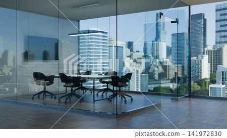 3D Render of Modern Glass Conference Room Workspace with City Skyline View 3D Render of Modern Glass Conference Room Workspace with City Skyline View 141972830