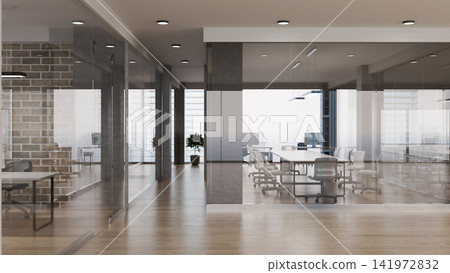 3D Render of Modern Open Office Workspace with Glass Partitions, Conference Room, and Brick Wall Interior Design 3D Render of Modern Open Office Workspace with Glass Partitions, Conference Room, and Brick Wall Interior Design 141972832