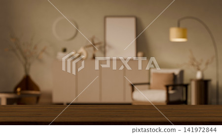 3D Render of Cozy Living Room Workspace with Wooden Table Foreground and Blurred Bohemian Interior Background 3D Render of Cozy Living Room Workspace with Wooden Table Foreground and Blurred Bohemian Interior Background 141972844