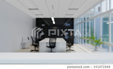 3D Render Modern Office Workspace with Conference Table, Chairs, Bookshelf and Glass Windows Blurred Background 3D Render Modern Office Workspace with Conference Table, Chairs, Bookshelf and Glass Windows Blurred Background 141972848