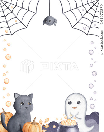 Frame with cat, ghost, boiling potion, hanging web and bubbles watercolor hand drawn illustration isolated on white background. Template with Halloween cute characters for party invitation Frame with cat, ghost, boiling potion, hanging web and bubbles watercolor hand drawn illustration isolated on white background. Template with Halloween cute characters for party invitation 141972879