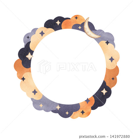 Template with moon, stars and clouds watercolor hand drawn illustration isolated on white background. Magical frame in soft and warm colors for baby shower invitation and greeting cards Template with moon, stars and clouds watercolor hand drawn illustration isolated on white background. Magical frame in soft and warm colors for baby shower invitation and greeting cards 141972880