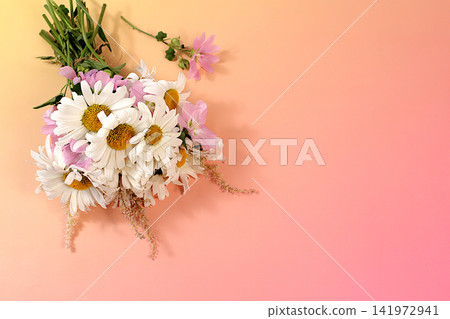 Bouquet of white daisies and mallow on bright sunny background, summer and autumn product advertising banner, abstract floral arrangement, flat lay still life, autumn holiday card with space for text Bouquet of white daisies and mallow on bright sunny background, summer and autumn product advertising banner, abstract floral arrangement, flat lay still life, autumn holiday card with space for text 141972941