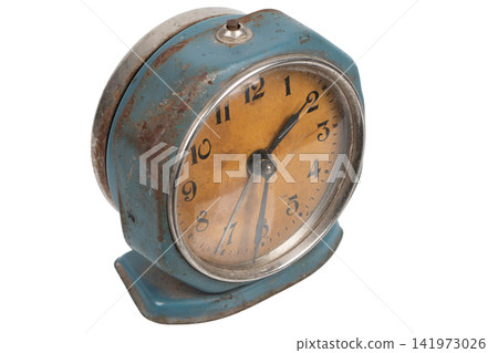 Vintage Blue Mechanical Alarm Clock Isolated on White Background Vintage Blue Mechanical Alarm Clock Isolated on White Background 141973026