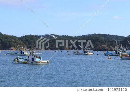 大浦漁港、大海和出島大橋（宮城縣女川町） 141973120