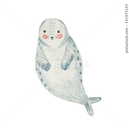 Color pencils drawing cute gray arctic water seal animal with pink cheeks. Textured crayons hand drawn cheerful sea lion for birthday greeting card design, banner, sticker, t-shirt print Color pencils drawing cute gray arctic water seal animal with pink cheeks. Textured crayons hand drawn cheerful sea lion for birthday greeting card design, banner, sticker, t-shirt print 141973143