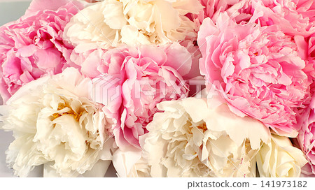 Abstract floral arrangement featuring blooming peony petals, flat design template for a beautiful summer banner. Concept of minimalist modern aesthetics and elegant beauty,wedding greeting card. Abstract floral arrangement featuring blooming peony petals, flat design template for a beautiful summer banner. Concept of minimalist modern aesthetics and elegant beauty,wedding greeting card. 141973182