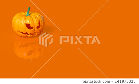 Scary Halloween Jack O Lantern on Bright Orange Background 3d render. Scary Halloween Jack O Lantern on Bright Orange Background 3d render. 141973323