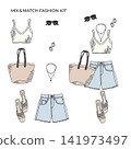 Dress-up fashion kit: Ribbed V-neck cropped top and cutoff denim shorts for resort wear 141973497