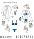 Dress-up fashion kit: Illustration of an Amalfi resort outfit featuring a blue bandeau bikini and sheer shirt. 141973811