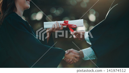 Hands of people, giving and certificate for graduation on campus, achievement and success with degree. College, graduate or handshake with diploma in education, celebration or ceremony in university Hands of people, giving and certificate for graduation on campus, achievement and success with degree. College, graduate or handshake with diploma in education, celebration or ceremony in university 141974512