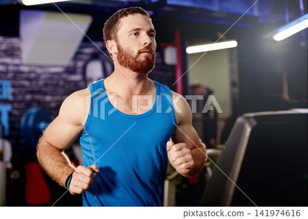 Man, gym or fitness by running, treadmill or thinking of training, exercise or workout goals. Athletic guy, runner or equipment as commitment, planning or vision of cardio endurance performance Man, gym or fitness by running, treadmill or thinking of training, exercise or workout goals. Athletic guy, runner or equipment as commitment, planning or vision of cardio endurance performance 141974616