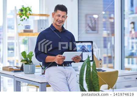 Work, portrait and businessman with tablet in office for online research, administration and planning. HR, person and employee with tech in workspace for portfolio review, feedback and networking Work, portrait and businessman with tablet in office for online research, administration and planning. HR, person and employee with tech in workspace for portfolio review, feedback and networking 141974619