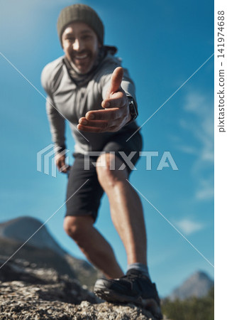 Hiking, hand support and happy man in the mountains with eco travel and climbing with smile. Vacation, below and summit for exercise, fitness and training outdoor on Peru holiday in nature on rock Hiking, hand support and happy man in the mountains with eco travel and climbing with smile. Vacation, below and summit for exercise, fitness and training outdoor on Peru holiday in nature on rock 141974688