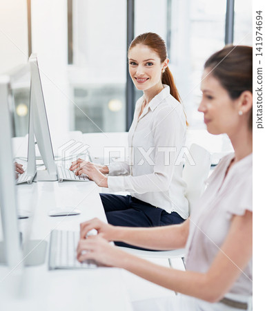 Corporate, office and portrait of woman by monitor with smile for administration, research and networking. Business people, desk and happy at work with computer for planning, email or policy review Corporate, office and portrait of woman by monitor with smile for administration, research and networking. Business people, desk and happy at work with computer for planning, email or policy review 141974694