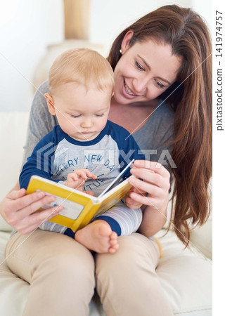 Mother, child and book for development, growth and education in childhood as baby at home. Woman, toddler and play for learning, reading and support in living room for cognition, bonding or curiosity Mother, child and book for development, growth and education in childhood as baby at home. Woman, toddler and play for learning, reading and support in living room for cognition, bonding or curiosity 141974757