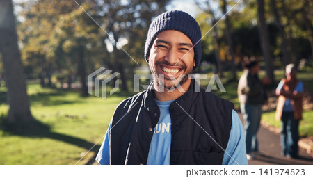 Volunteer, laugh and portrait of man in park for climate change, environmental care and charity. Happy, outdoor and person with support for sustainability, community service and eco friendly ngo 141974823