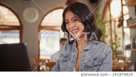 Happy, restaurant and woman on laptop for remote work, online article and research for story. Coffee shop, smile and person on computer for planning, copywriting and inspiration for freelance career 141974824