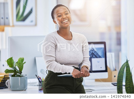 Portrait, business and happy black woman with tablet in office for career or job at startup in Kenya. Face, professional and smile of African entrepreneur, creative web designer and worker laughing Portrait, business and happy black woman with tablet in office for career or job at startup in Kenya. Face, professional and smile of African entrepreneur, creative web designer and worker laughing 141974840