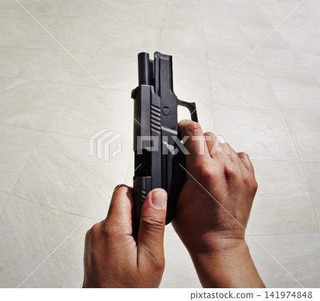 Top view, hands and man with gun white background for target, practice or training on mockup. Space, weapon and security guard with firearm for shooting, killing or protection from crime or danger 141974848