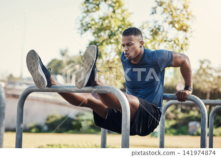 Black man, dips and exercise outdoor in park or calisthenics workout for arm strength, wellness or gym. Male person, training and core fitness as muscle challenge with sports, equipment or athlete Black man, dips and exercise outdoor in park or calisthenics workout for arm strength, wellness or gym. Male person, training and core fitness as muscle challenge with sports, equipment or athlete 141974874