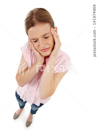 Female student, thinking and headache in studio with idea, mind and problem solving for school in Canada. Girl, question and doubt for university on isolated white background with mockup or pov Female student, thinking and headache in studio with idea, mind and problem solving for school in Canada. Girl, question and doubt for university on isolated white background with mockup or pov 141974909