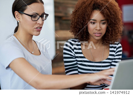 Women, laptop and collaboration in office with discussion for communication, project review and explain. Female worker, manager and tech for online research with conversation, software check and help Women, laptop and collaboration in office with discussion for communication, project review and explain. Female worker, manager and tech for online research with conversation, software check and help 141974912