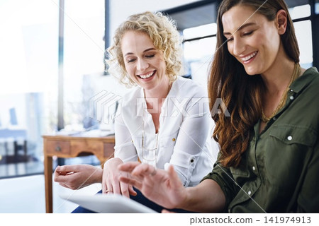 Business, teamwork and happy women laughing with tablet in office for social media, meme or streaming comic. Funny, research and digital marketing team with app or creative, idea or gif inspiration Business, teamwork and happy women laughing with tablet in office for social media, meme or streaming comic. Funny, research and digital marketing team with app or creative, idea or gif inspiration 141974913
