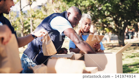 Volunteer, team and packing donation box in park with charity manager, outreach and non profit group. People, welfare project and package outdoor with social responsibility, NGO resources or supplies Volunteer, team and packing donation box in park with charity manager, outreach and non profit group. People, welfare project and package outdoor with social responsibility, NGO resources or supplies 141974914