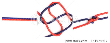 Steps, cable or how to tie ropes on white background in studio for security or safety instruction. Material, knot and color design for banner technique, tools or learning for survival guide lesson Steps, cable or how to tie ropes on white background in studio for security or safety instruction. Material, knot and color design for banner technique, tools or learning for survival guide lesson 141974917