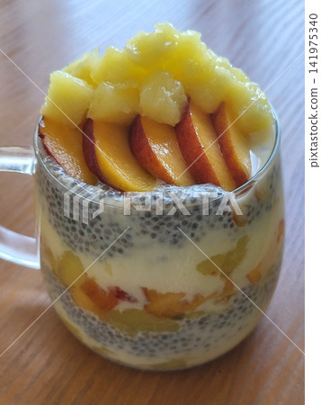 Creamy chia pudding topped with juicy plum slices, offering a smooth texture and naturally sweet, fruity contrast. Fresh, wholesome, and visually calming, perfect for healthy breakfast or dessert Creamy chia pudding topped with juicy plum slices, offering a smooth texture and naturally sweet, fruity contrast. Fresh, wholesome, and visually calming, perfect for healthy breakfast or dessert 141975340