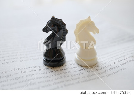 English newspaper and close-up of a chess knight English newspaper and close-up of a chess knight 141975394