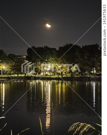 A crescent moon and the night view reflected on the water's surface A crescent moon and the night view reflected on the water's surface 141975633