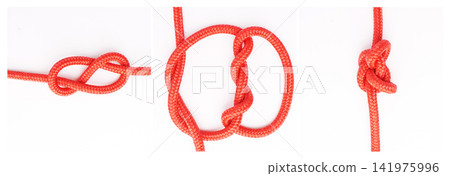 Tools, steps or how to tie knot on white background in studio for security or safety instruction. Material, ropes and color design for cords technique, guide or learning for survival cable lesson 141975996