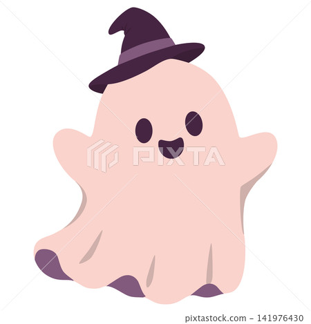 Cute Halloween Ghost Wearing Purple Witch Hat Flat Illustration Cute Halloween Ghost Wearing Purple Witch Hat Flat Illustration 141976430