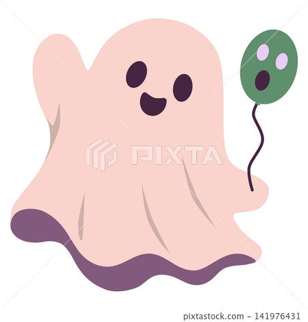 Cute Halloween Ghost Holding a Green Balloon, Flat Cartoon Illustration Cute Halloween Ghost Holding a Green Balloon, Flat Cartoon Illustration 141976431