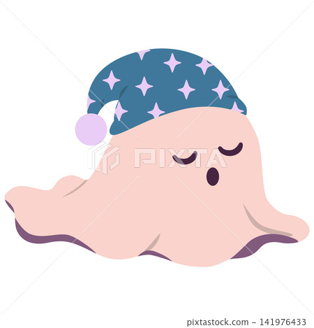 Cute Halloween Ghost Wearing Starry Nightcap, Flat Cartoon Illustration Cute Halloween Ghost Wearing Starry Nightcap, Flat Cartoon Illustration 141976433